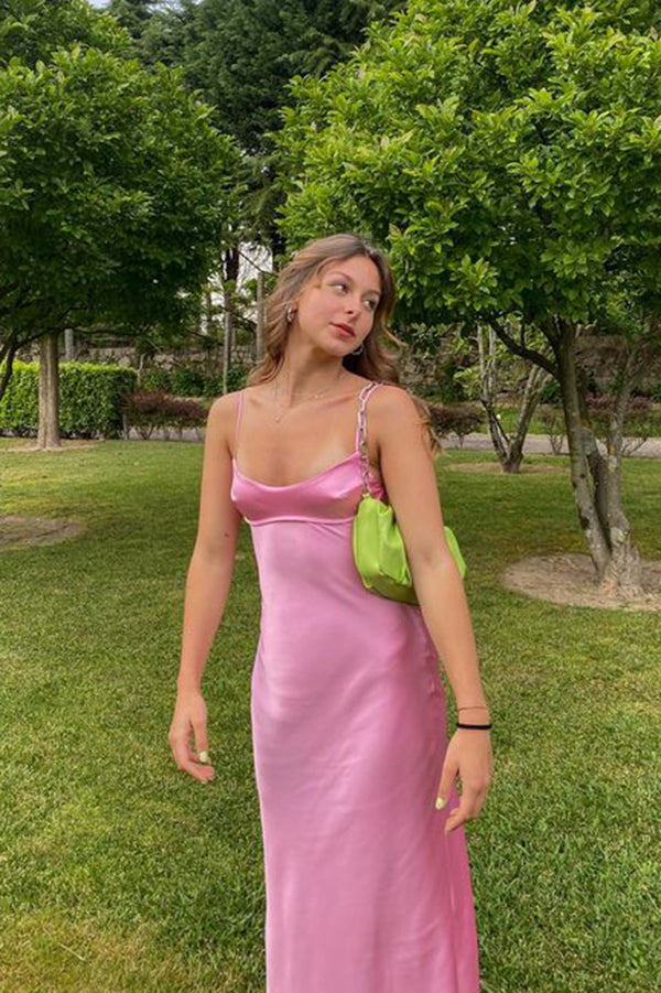 Pink Spaghetti Straps Long Prom Dress, Simple Sleeveless Formal Gown UQP0339