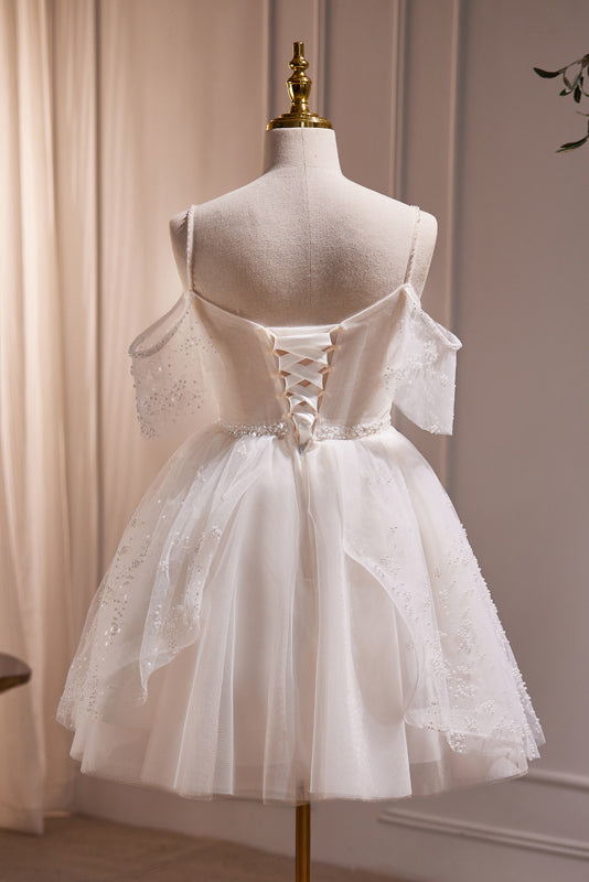 Spaghetti Straps Beading Tulle Homecoming Gown with Pearls, Ivory Cute Sweet 16 Dress UQH0155