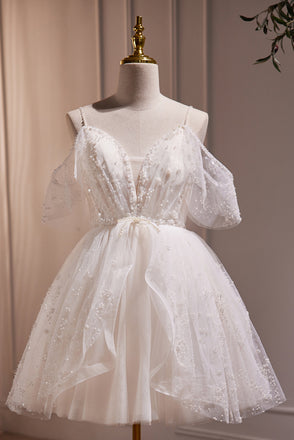 Spaghetti Straps Beading Tulle Homecoming Gown with Pearls, Ivory Cute Sweet 16 Dress UQH0155