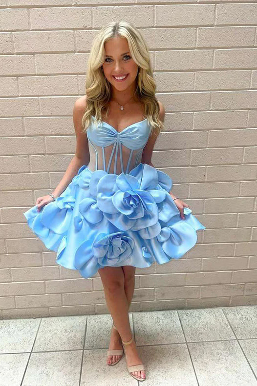 Spaghetti Straps Satin Homecoming Dresses with Hand-made Flowers UQH0258