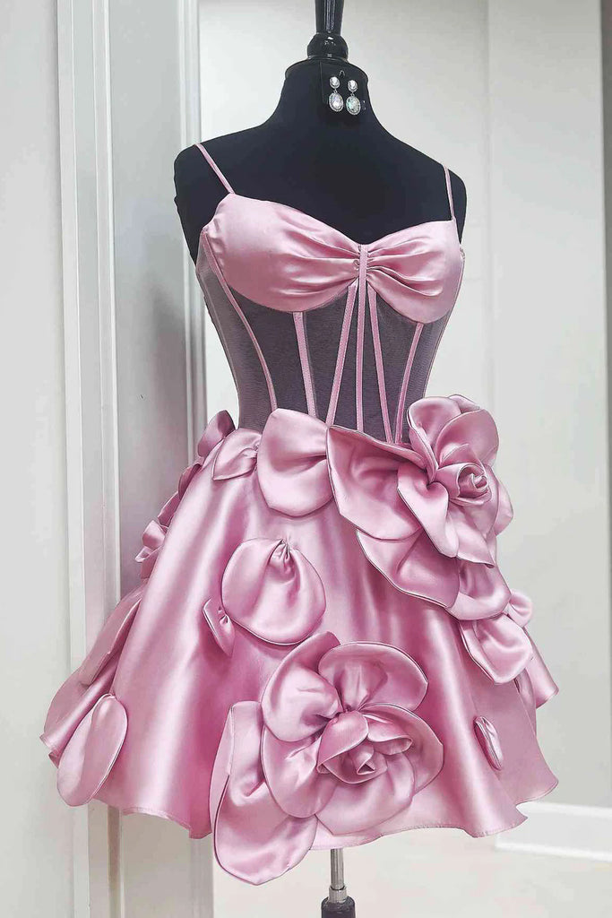 Spaghetti Straps Satin Homecoming Dresses with Hand-made Flowers UQH0258