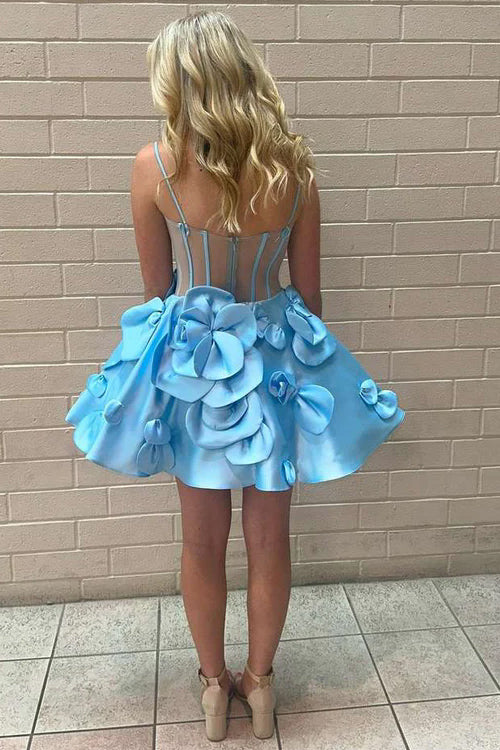 Spaghetti Straps Satin Homecoming Dresses with Hand-made Flowers UQH0258