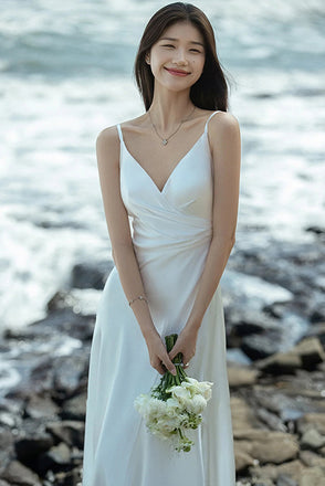 Spaghetti Straps V Neck Sleeveless Beach Wedding Dress, Simple Bridal Gown UQW0091