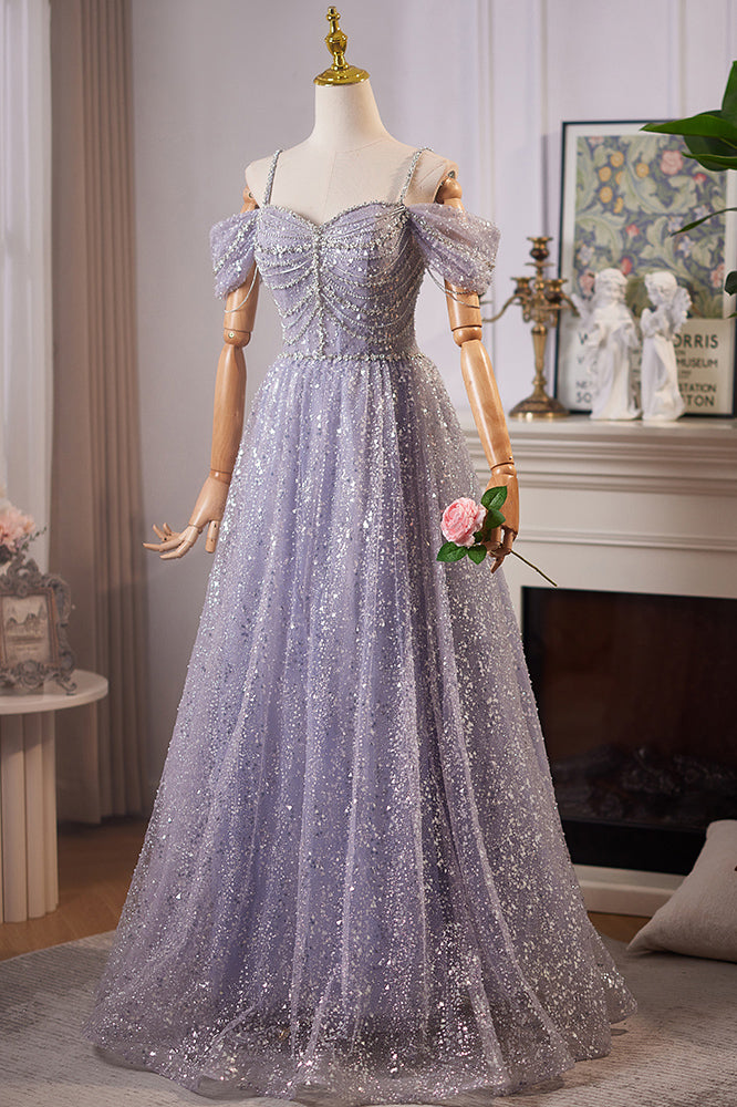 Purple Floor Length Prom Dress with Sparkles, A Line Formal Dresses with Beads UQP0333