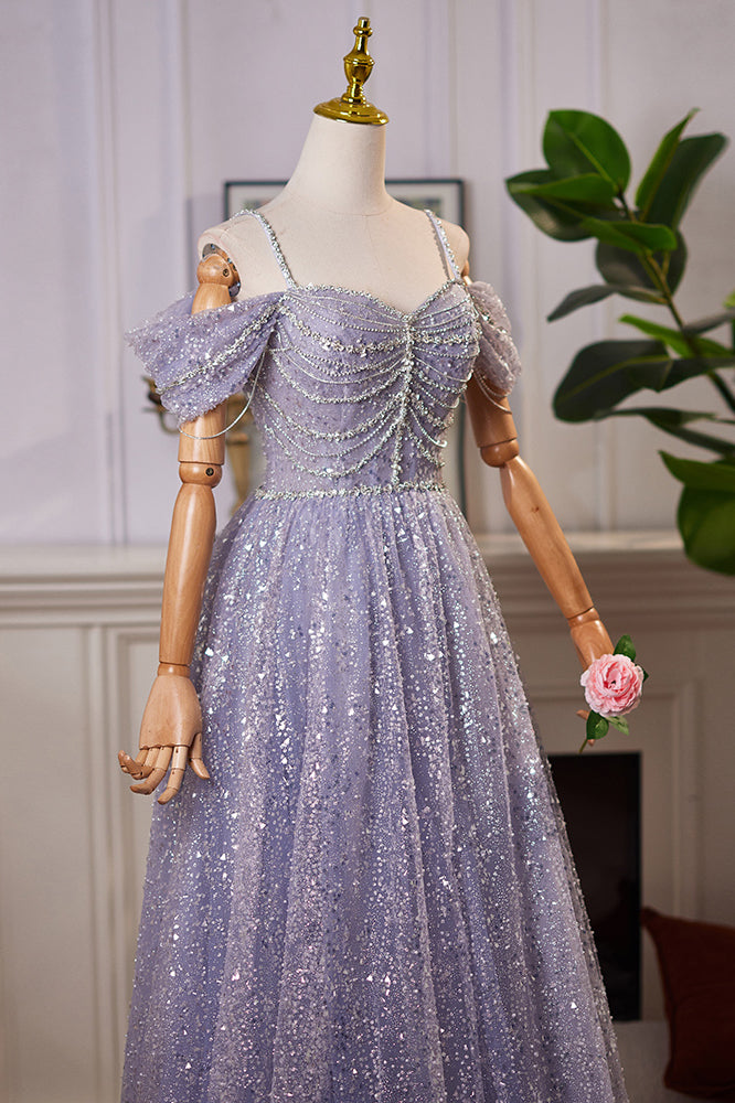 Purple Floor Length Prom Dress with Sparkles, A Line Formal Dresses with Beads UQP0333