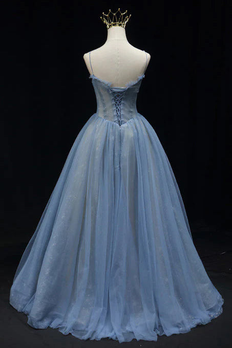 Gorgeous Spaghetti Straps Blue Long Prom Dress, Sparkly Formal Gown with Beading UQP0357