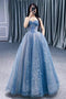 Gorgeous Spaghetti Straps Blue Long Prom Dress, Sparkly Formal Gown with Beading UQP0357