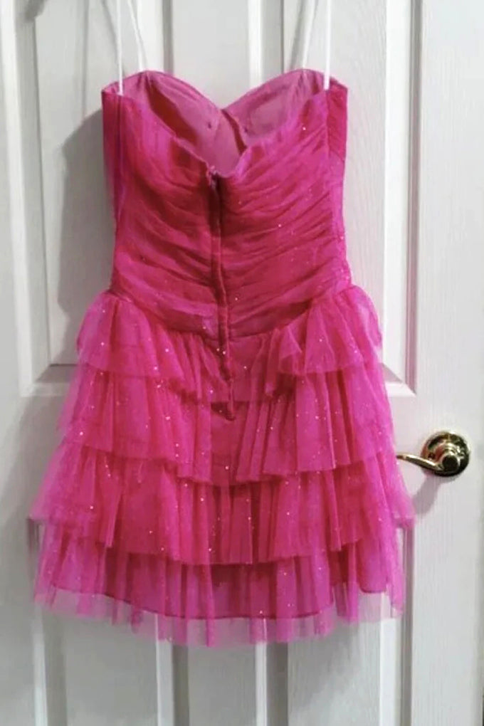 Sweetheart Glitter Tulle Tiered Homecoming Dress, Pink Short Sweet 16 Dress UQH0228