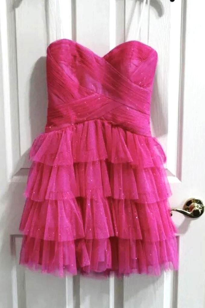 Sweetheart Glitter Tulle Tiered Homecoming Dress, Pink Short Sweet 16 Dress UQH0228