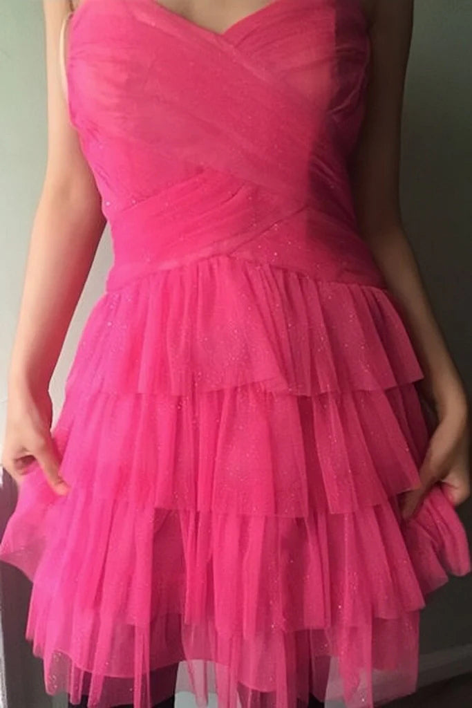 Sweetheart Glitter Tulle Tiered Homecoming Dress, Pink Short Sweet 16 Dress UQH0228