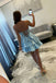 Blue Sweetheart Tiered Satin Short Prom Dress, Homecoming Dress with Lace Applique UQH0267