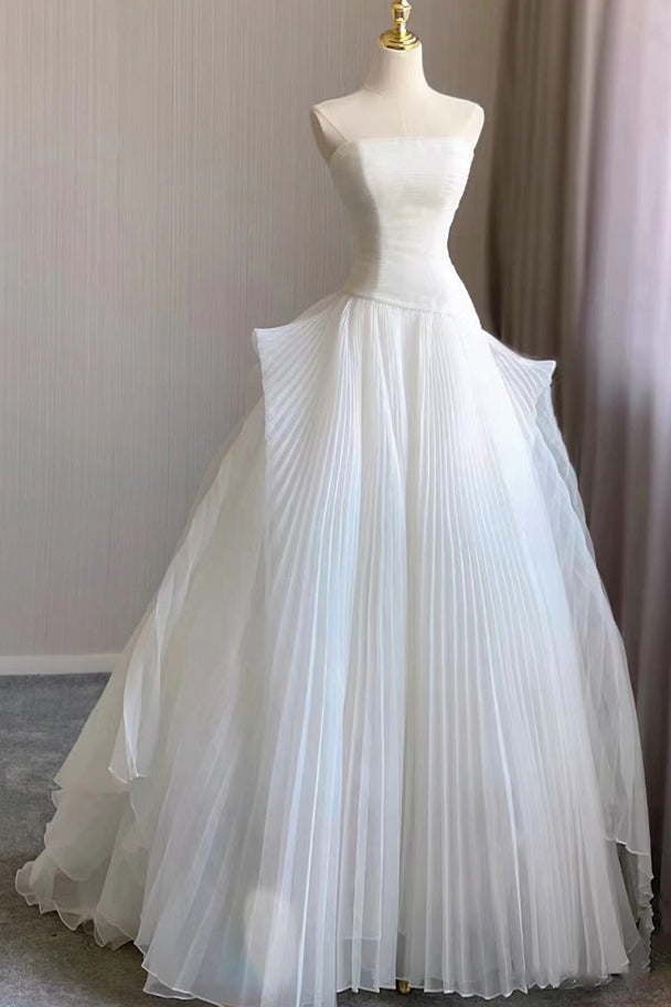 Puffy Strapless Tulle Wedding Dress, Simple Drop Waist Bridal Gown UQW0128