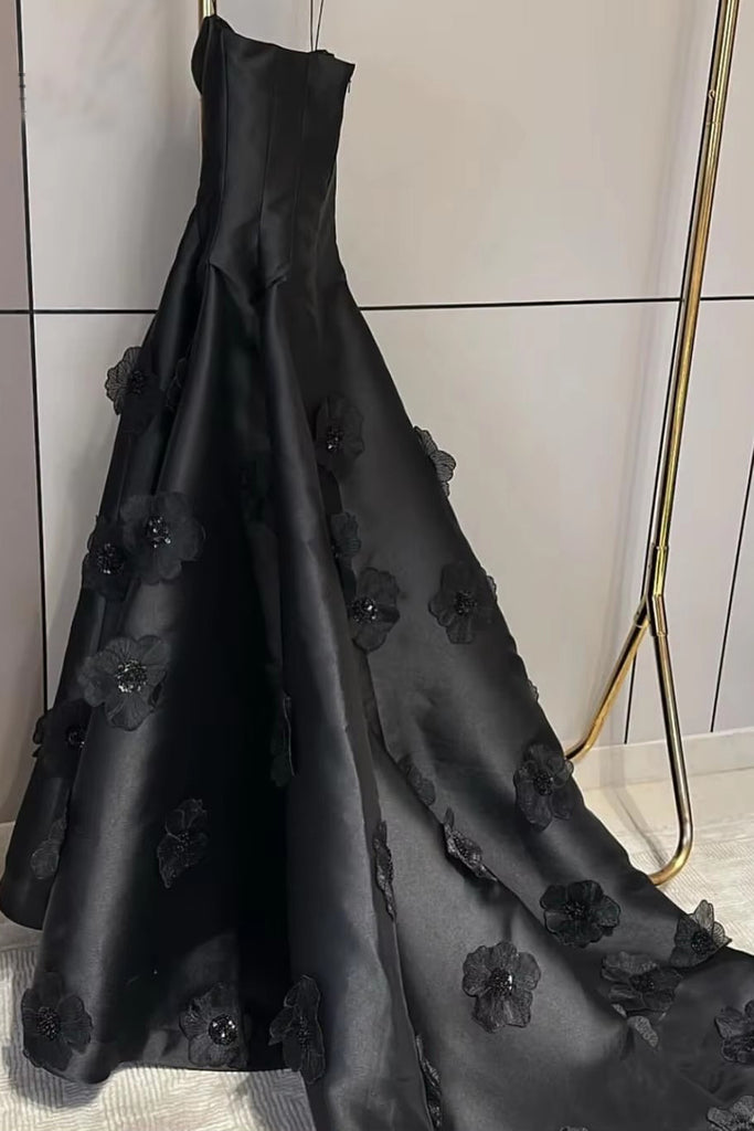 Black Strapless Satin Prom Dress with Flowers, Mermaid Long Evening Gown UQP0345