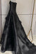 Black Strapless Satin Prom Dress with Flowers, A Line Long Evening Gown UQP0351