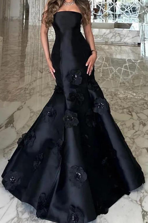 Black Strapless Satin Prom Dress with Flowers, Mermaid Long Evening Gown UQP0345