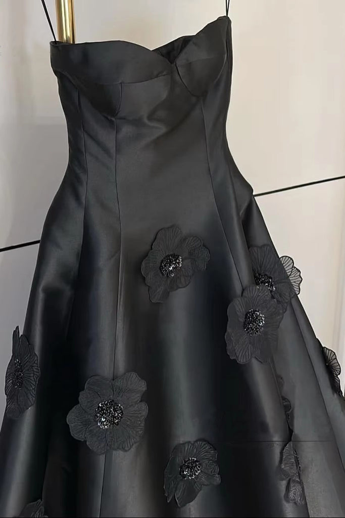 Black Strapless Satin Prom Dress with Flowers, A Line Long Evening Gown UQP0351