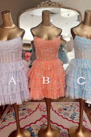Strapless Sparkly Short Homecoming Gown, A Line New Arrival Tiered Tulle Prom Dress UQH0207