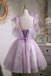 Cute Spaghetti Straps Tulle Homecoming Dress with Lace Appliques, Purple Short Prom Gown UQH0157