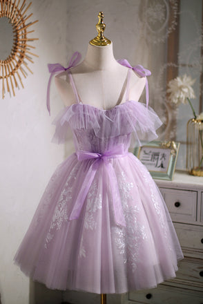 Cute Spaghetti Straps Tulle Homecoming Dress with Lace Appliques, Purple Short Prom Gown UQH0157