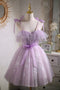 Cute Spaghetti Straps Tulle Homecoming Dress with Lace Appliques, Purple Short Prom Gown UQH0157