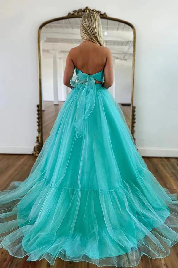 Aqua Two Pieces Tulle Prom Dress, A Line Sweetheart Neck Long Formal G Uniquedresss Aqua Two Pieces Tulle Prom Dress, A Line Sweetheart Neck Long Formal G Uniquedresss