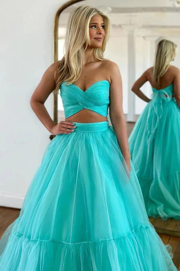 Aqua Two Pieces Tulle Prom Dress, A Line Sweetheart Neck Long Formal G Uniquedresss Aqua Two Pieces Tulle Prom Dress, A Line Sweetheart Neck Long Formal G Uniquedresss