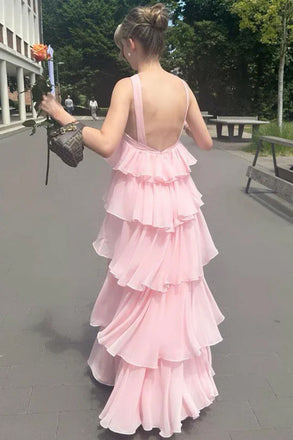 A Line Tiered Chiffon Long Formal Prom Dress Pink Bridesmaid Dress UQP0368
