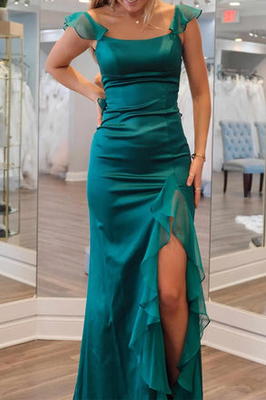 Emerald Green Square Neck Ruffle Slit Prom Dress, Mermaid Satin Formal Gown UQP0299