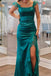 Emerald Green Square Neck Ruffle Slit Prom Dress, Mermaid Satin Formal Gown UQP0299