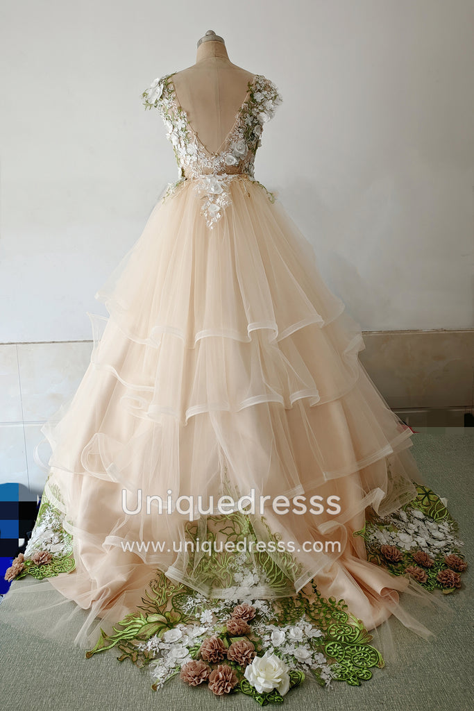 Gorgeous Sheer Neck Tulle Long Wedding Dresses with Lace Hand-Made Flowers UQW0130