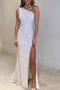 White One Shoulder Mermaid Long Prom Dress with Slit, Sparkly Sequins Fromal Gown UQP0291