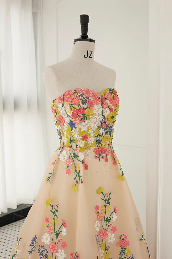 Ankle Length Sweetheart Embroidery Lace Homecoming Prom Dress with Flowers UQH0148