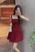 Burgundy Square Neck Mini Dress for Womens Party Dress Homecoming Gown UQH0257