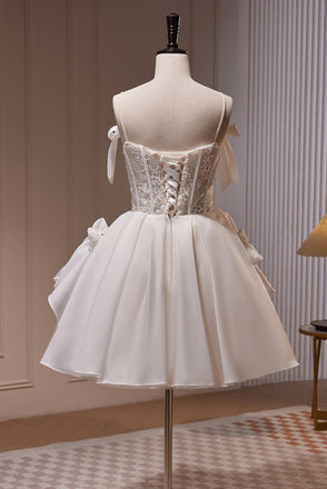 Spaghetti Straps Short Prom Dress with Lace, Homecoming Gown with Bowknot UQH0142
