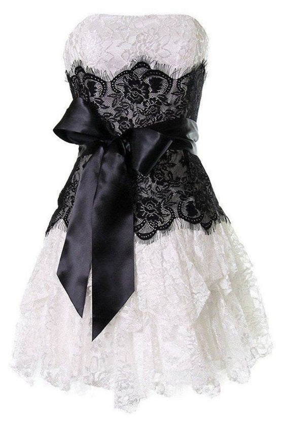 A Line Strapless Lace Short Homecoming Gown with Bow, Pink Cute Hoco Dress UQH0271