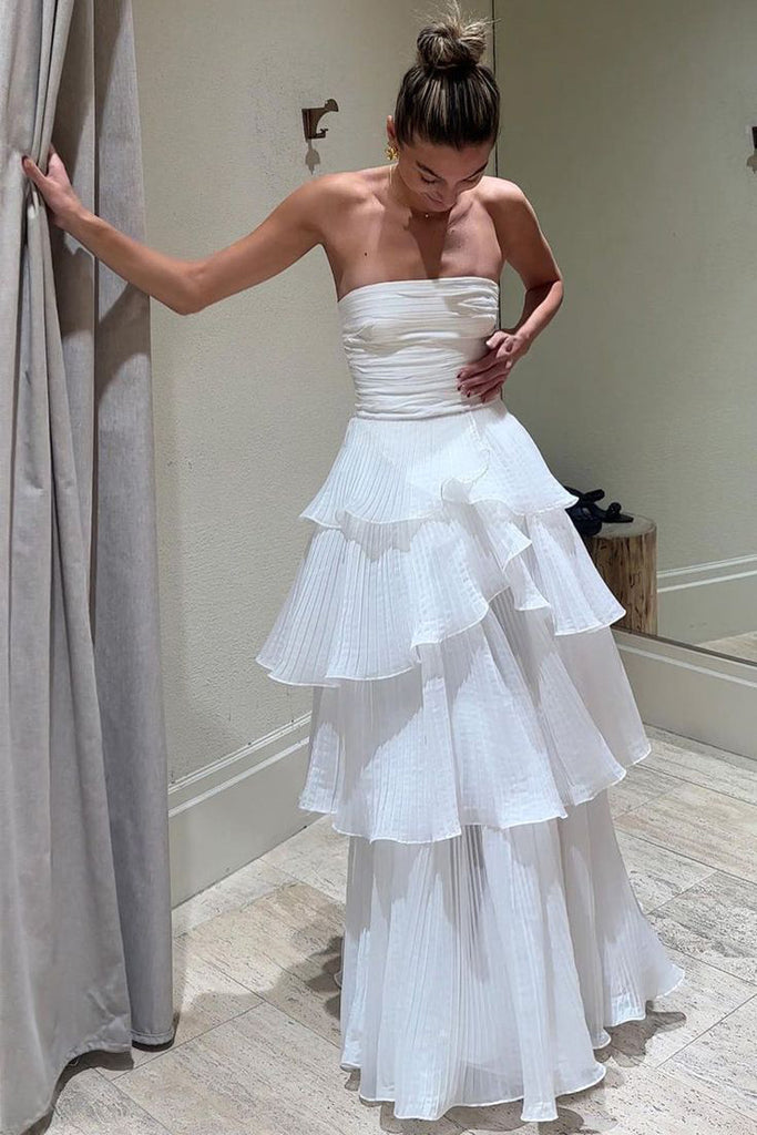 White Strapless Tiered Floor Length Prom Dress, A Line Ruched Long Formal Evening Dress UQP0340