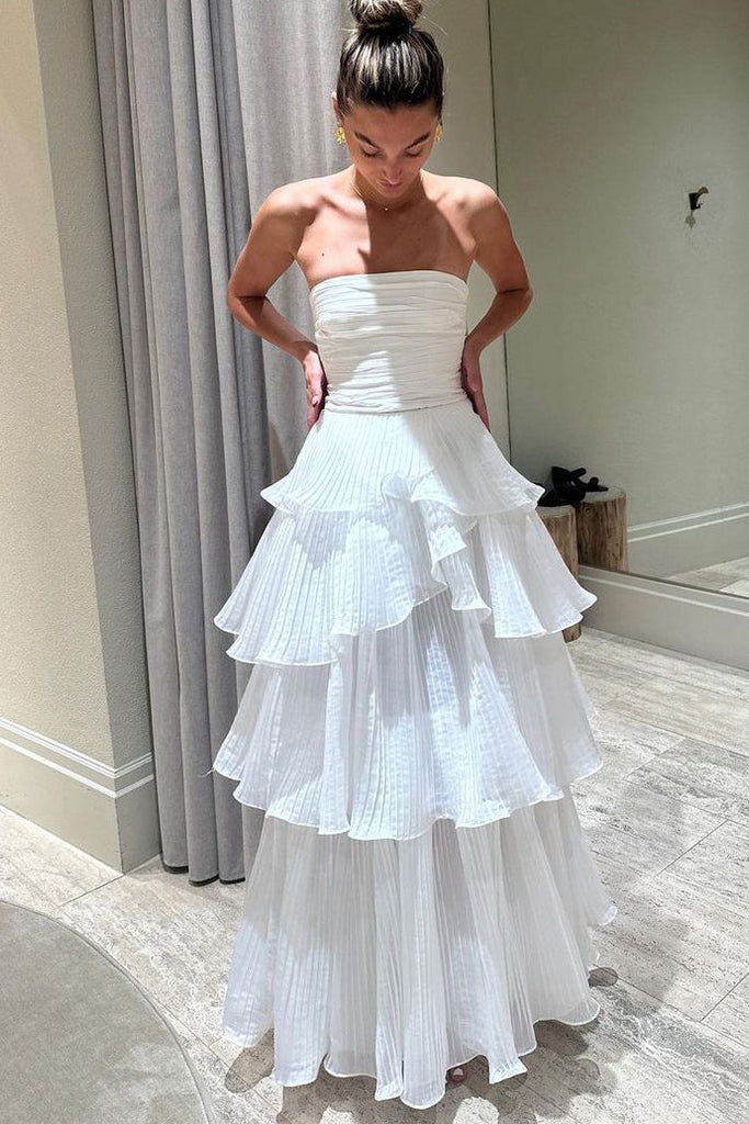 White Strapless Tiered Floor Length Prom Dress, A Line Ruched Long Formal Evening Dress UQP0340