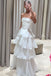 White Strapless Tiered Floor Length Prom Dress, A Line Ruched Long Formal Evening Dress UQP0340