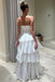 White Strapless Tiered Floor Length Prom Dress, A Line Ruched Long Formal Evening Dress UQP0340