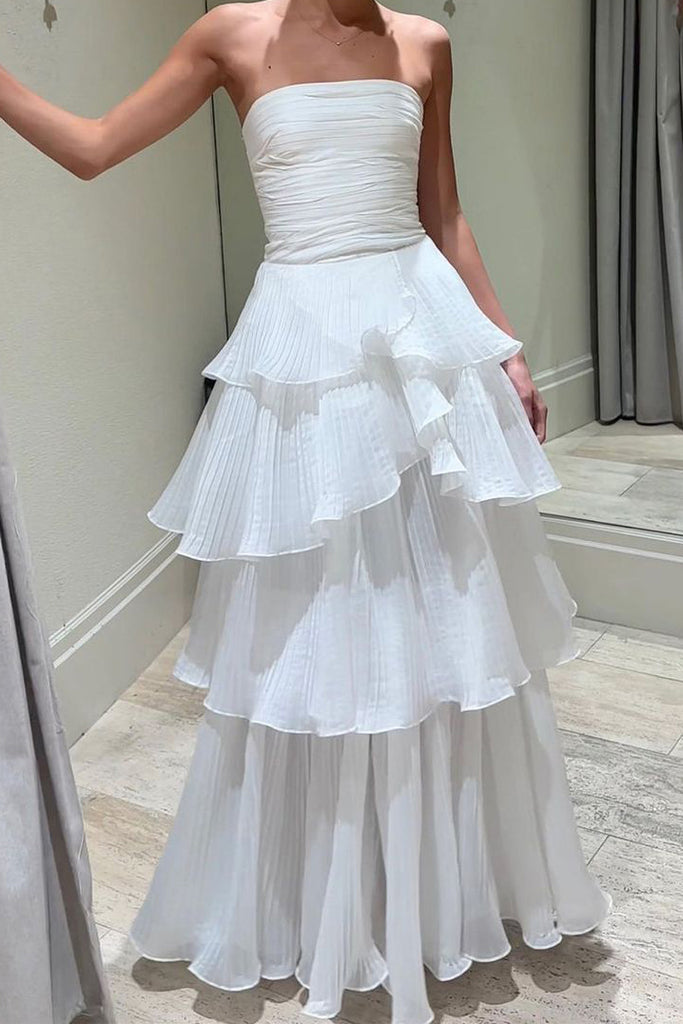 White Strapless Tiered Floor Length Prom Dress, A Line Ruched Long Formal Evening Dress UQP0340