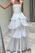 White Strapless Tiered Floor Length Prom Dress, A Line Ruched Long Formal Evening Dress UQP0340