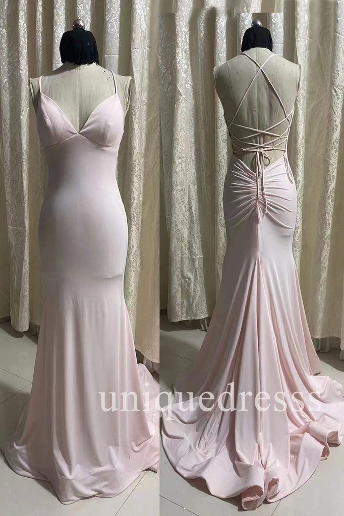 Light Pink Spaghetti Straps Mermaid Long Prom Dress, New Arrival Formal Gown UQP0222