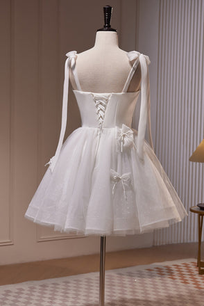 White Straps Tulle Homecoming Dress with Bowknot, Short Prom Dresses UQH0143