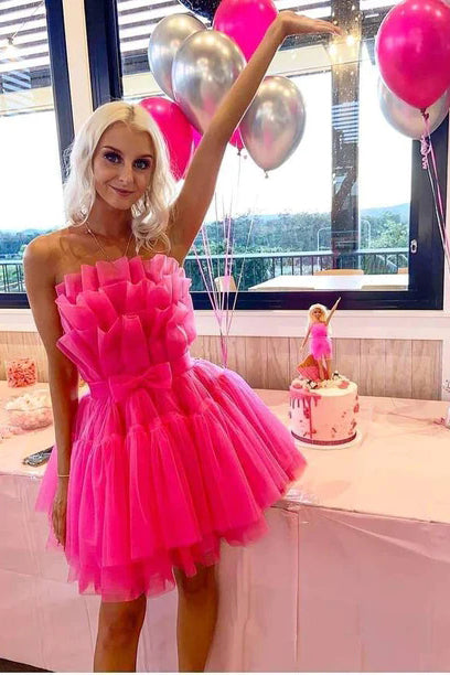 Short/Mini Hot Pink Strapless Tulle Prom Dresses Homecoming Dresses UQH0162