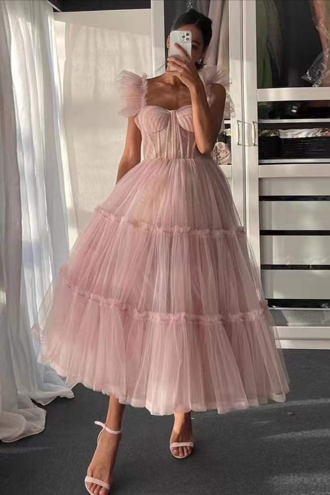 A Line Straps Sleeveless Tulle Tea Length Prom Dress, Pink Homecoming Gown UQH0237