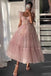 A Line Straps Sleeveless Tulle Tea Length Prom Dress, Pink Homecoming Gown UQH0237