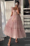 A Line Straps Corset Tulle Tea Length Prom Dress, Pink Homecoming Gown UQH0237