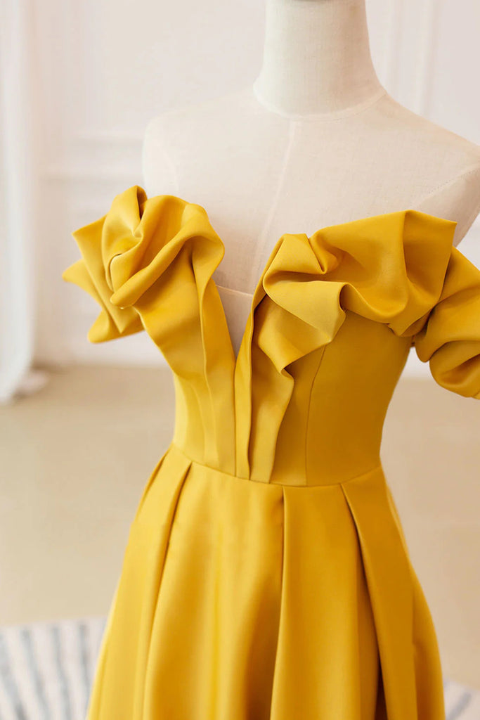 Yellow Off the Shoulder Satin Long Prom Dress, A Line Formal Evening Gown UQP0281