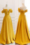 Yellow Off the Shoulder Satin Long Prom Dress, A Line Formal Evening Gown UQP0281