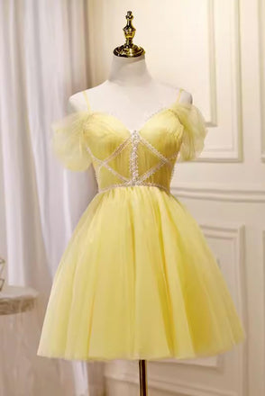 Yellow Spaghetti Straps Short Tulle Hoco Dress with Beading, Sweet 16 Dresses UQH0240